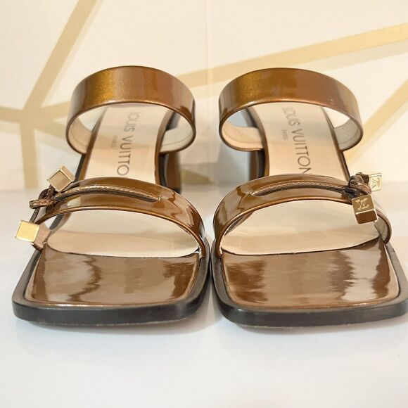 Louis Vuitton Patent Leather Brown Slip On Tassels Sandals Block Heels SZ 36.5 - Picture 12 of 15